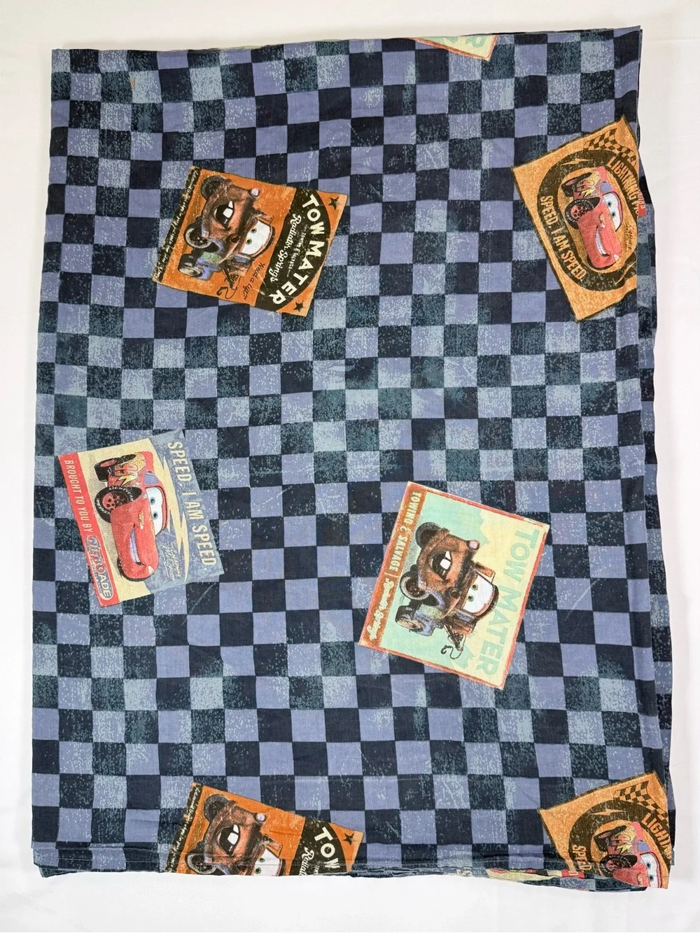 VINTAGE DISNEY PIXAR Boys Cars Lightning McQueen Tow Mater Twin Flat Sheet Check